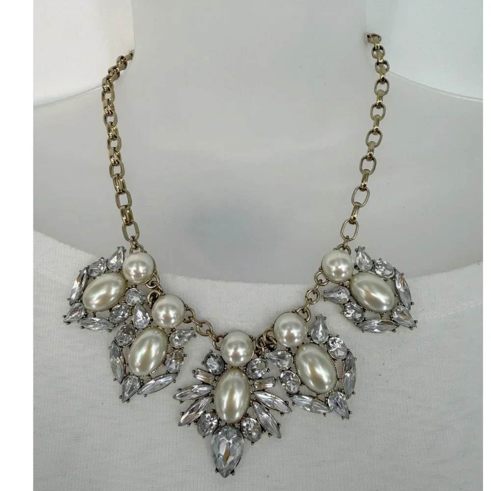 Faux Pearl Crystal‎ Bib Necklace Gold Tone Bridal Chic Formal Jewelry 103-170